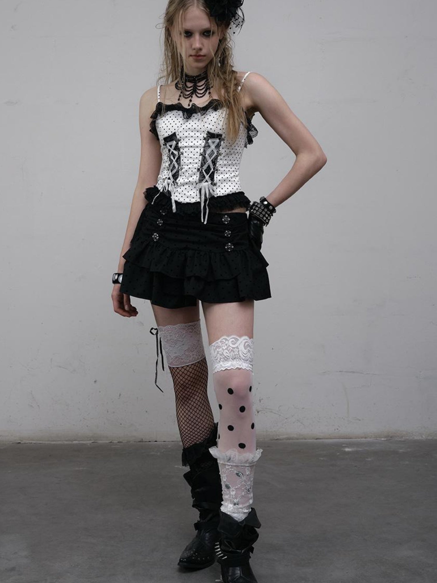 NO ROMANCE Dark Punk Ballet Dot Elastic Fluffy Mini Skirt Dresses