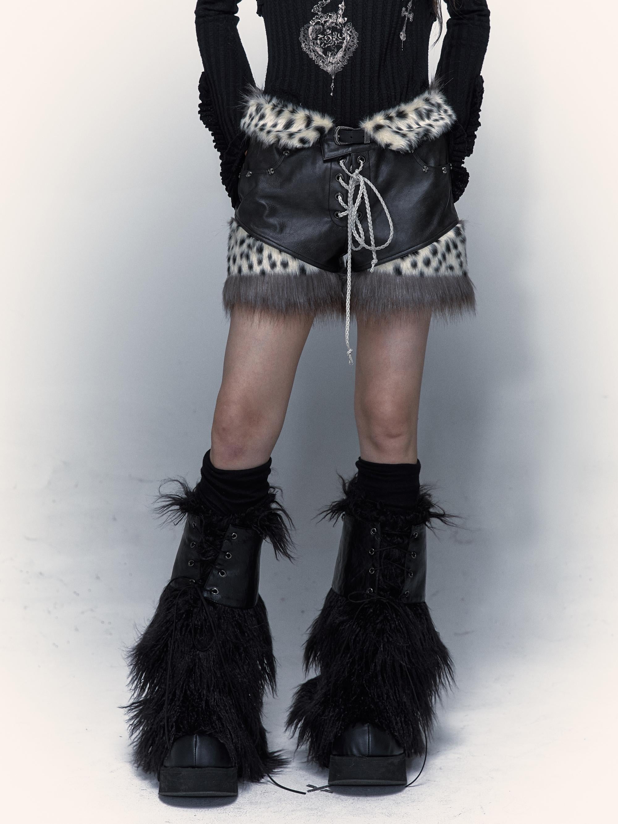 NO ROMANCE Dark Punk Harajuku Y2K Faux Fur Leather Shorts