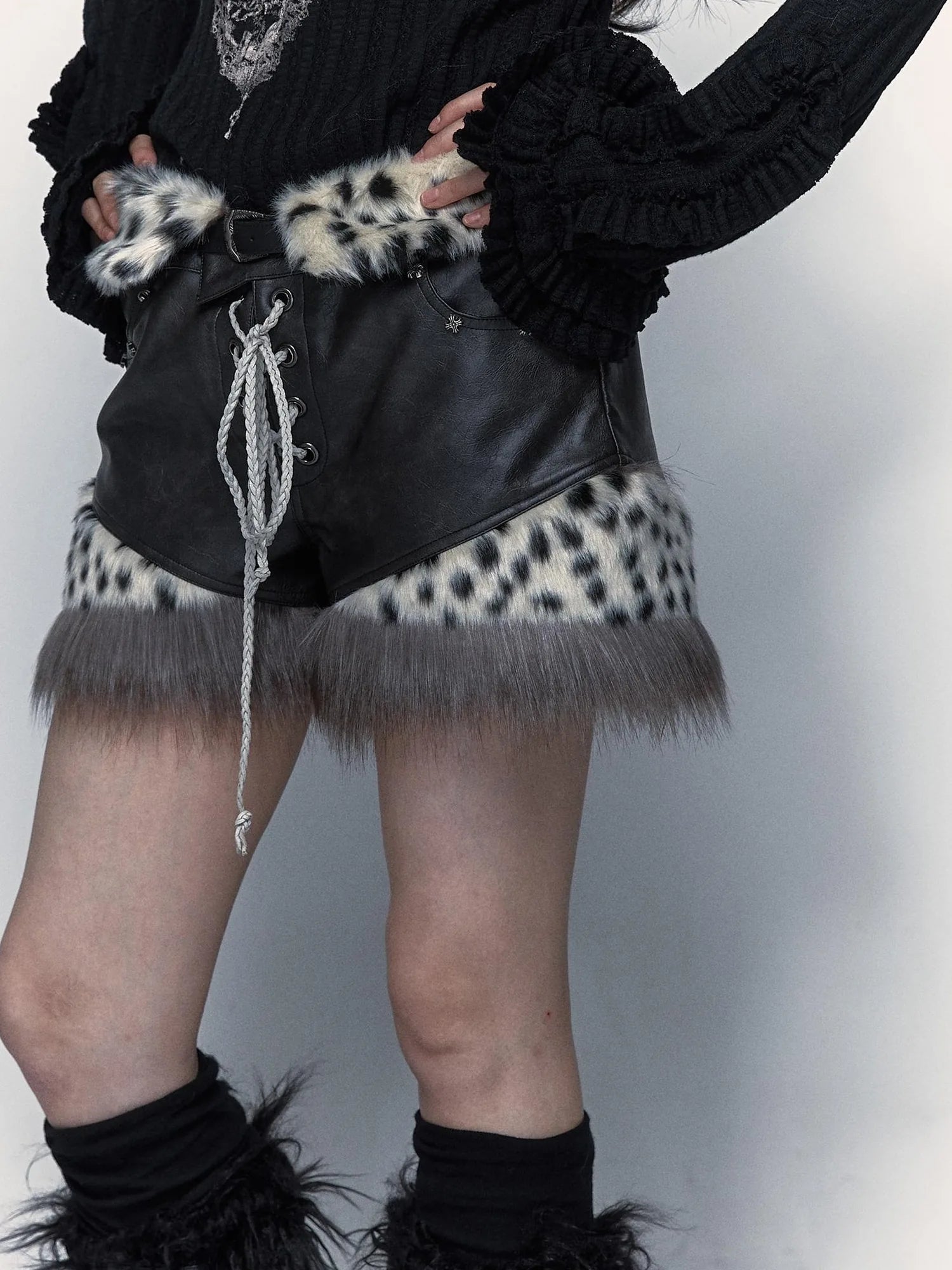 Dark Punk Harajuku Y2K Faux Fur Leather Shorts