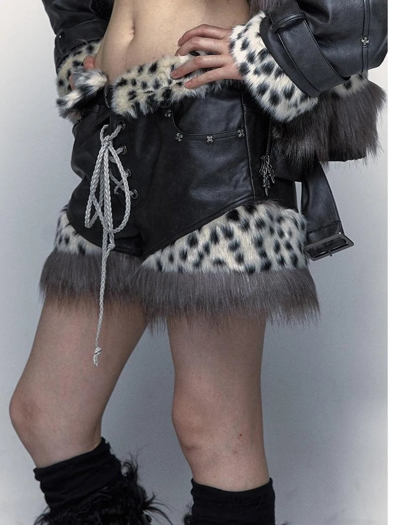 Dark Punk Harajuku Y2K Faux Fur Leather Shorts