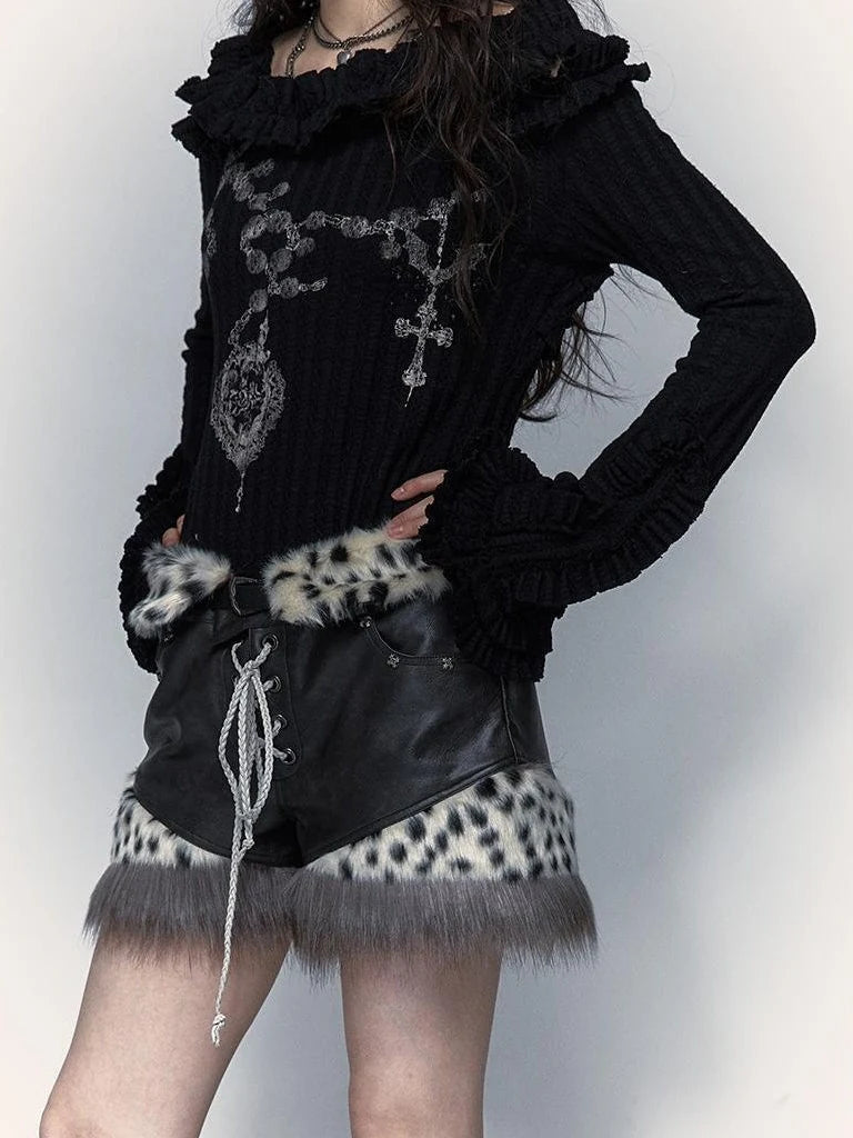 Dark Punk Harajuku Y2K Faux Fur Leather Shorts