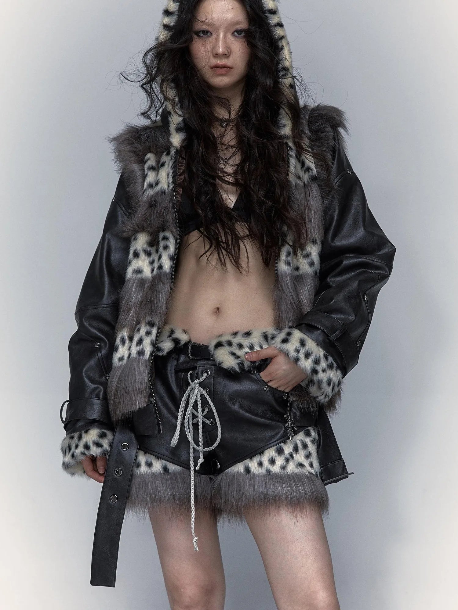 Dark Punk Harajuku Y2K Faux Fur Leather Shorts