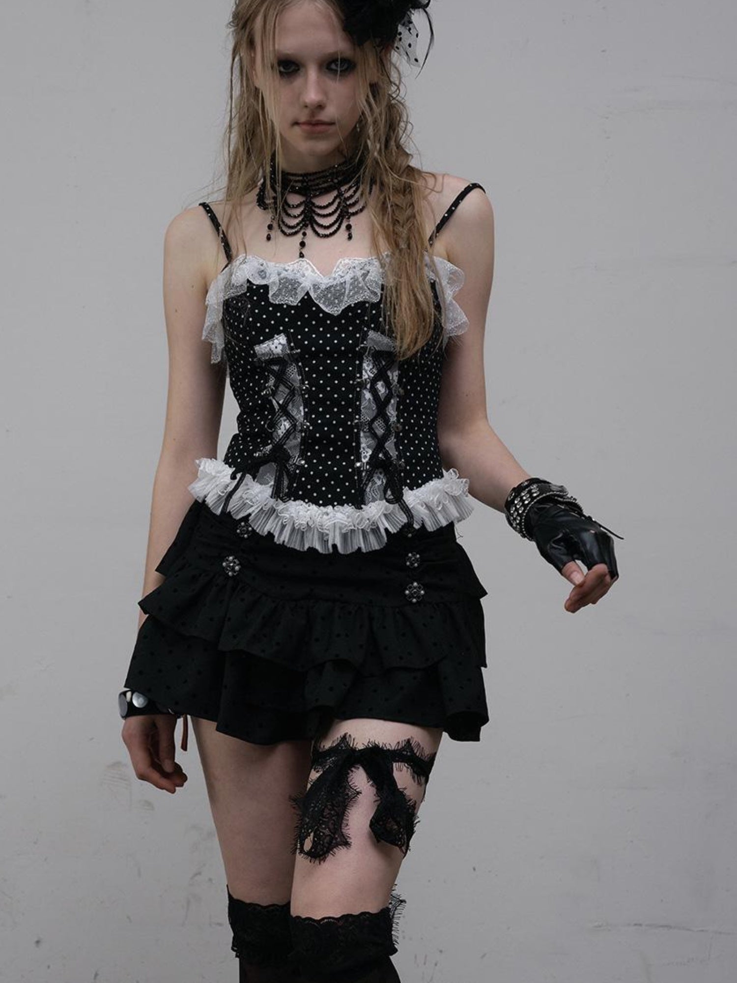 NO ROMANCE Dark Punk Lace Dot Corset Bustier Gothic Off Shoulder Top
