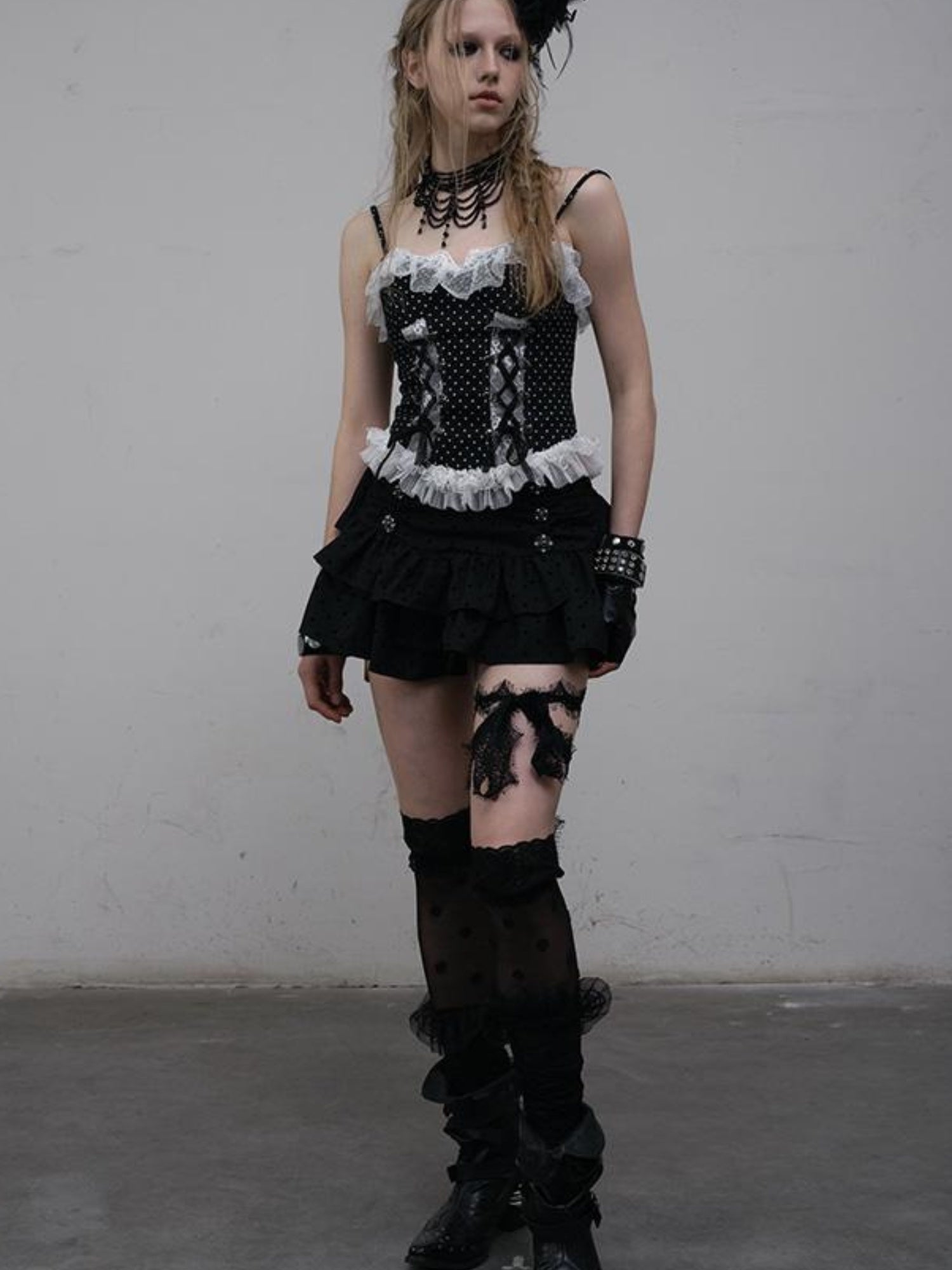 NO ROMANCE Dark Punk Lace Dot Corset Bustier Gothic Off Shoulder Top