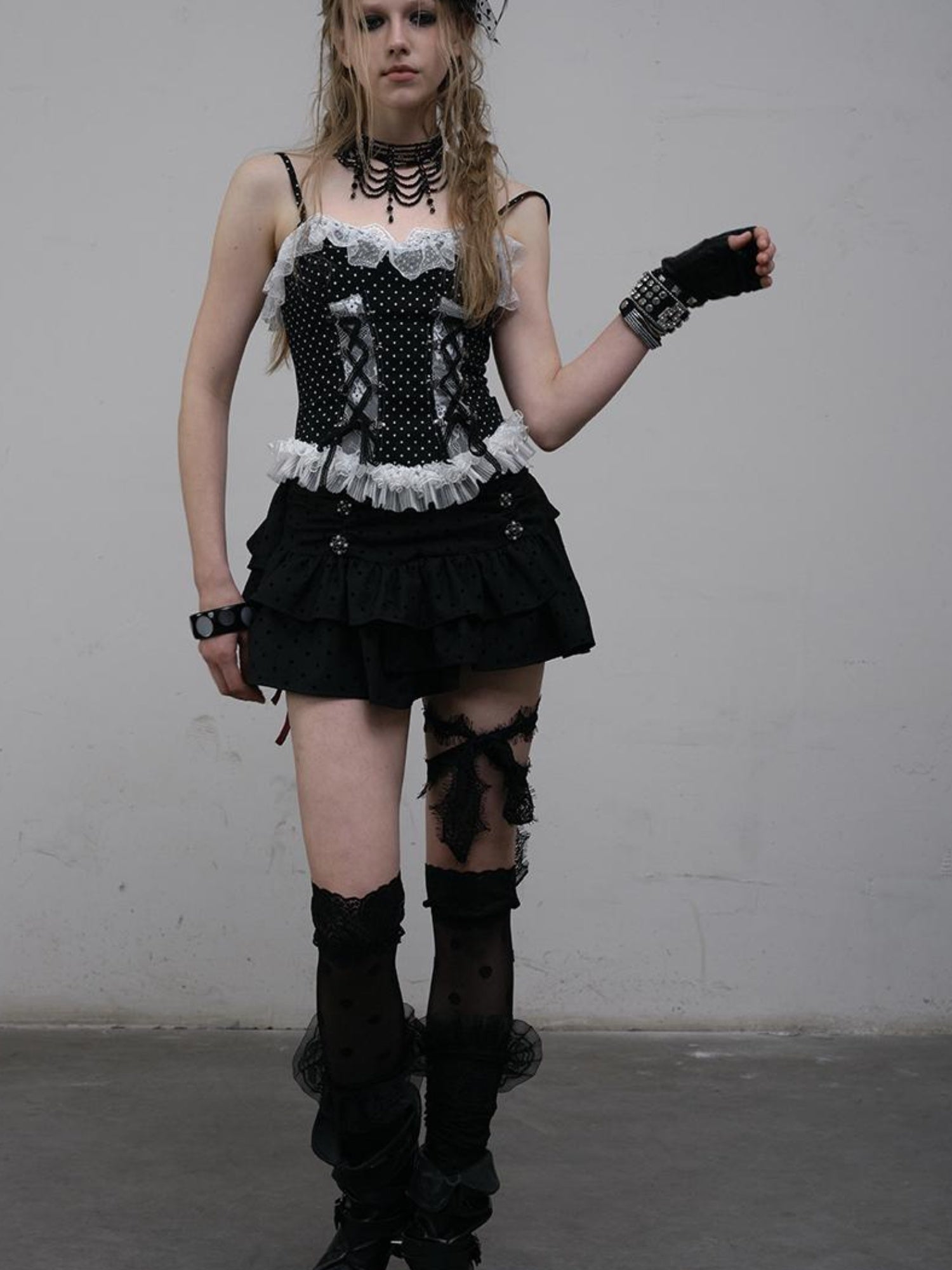 NO ROMANCE Dark Punk Lace Dot Corset Bustier Gothic Off Shoulder Top