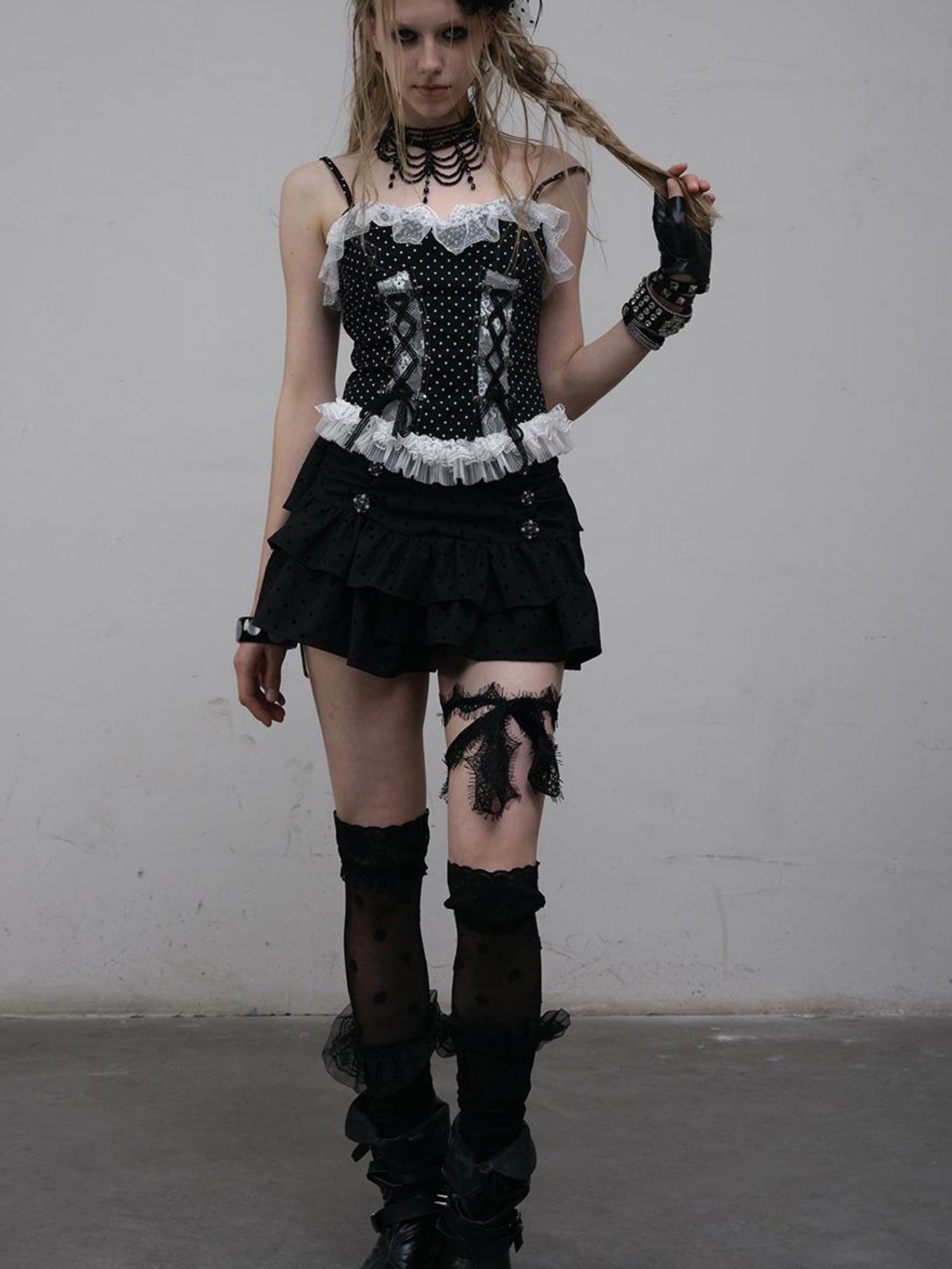 NO ROMANCE Dark Punk Lace Dot Corset Bustier Gothic Off Shoulder Top