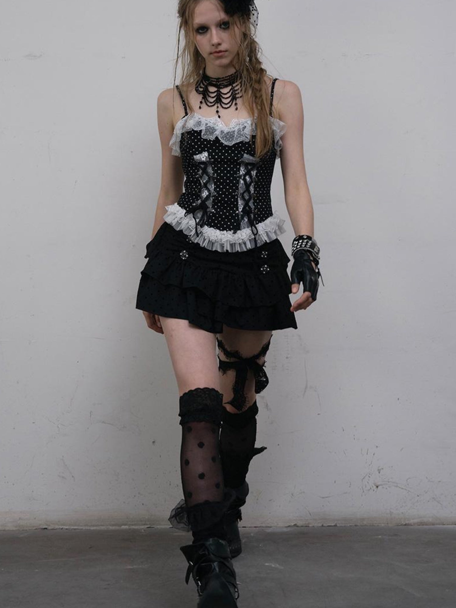 NO ROMANCE Dark Punk Lace Dot Corset Bustier Gothic Off Shoulder Top