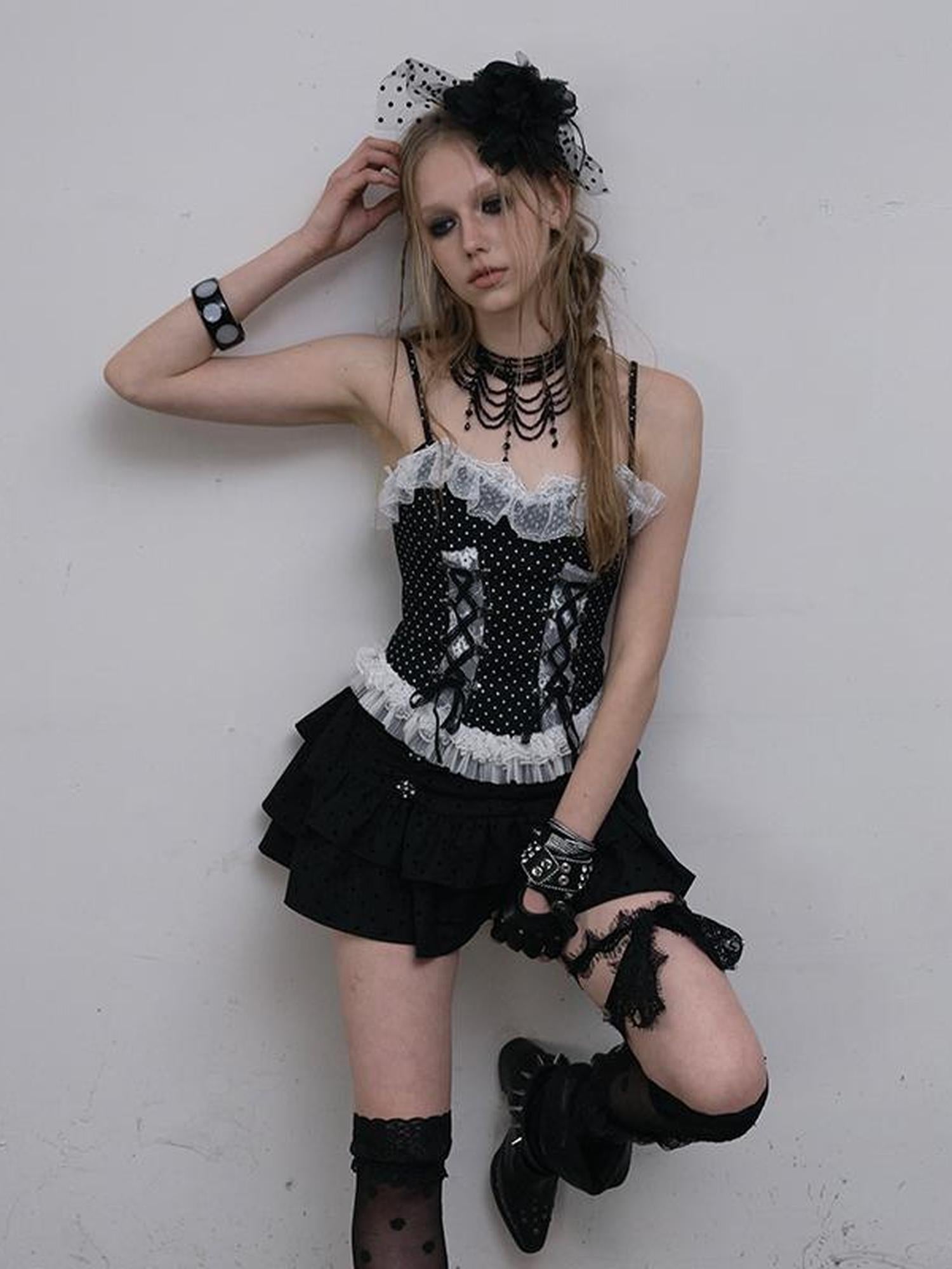 NO ROMANCE Dark Punk Lace Dot Corset Bustier Gothic Off Shoulder Top