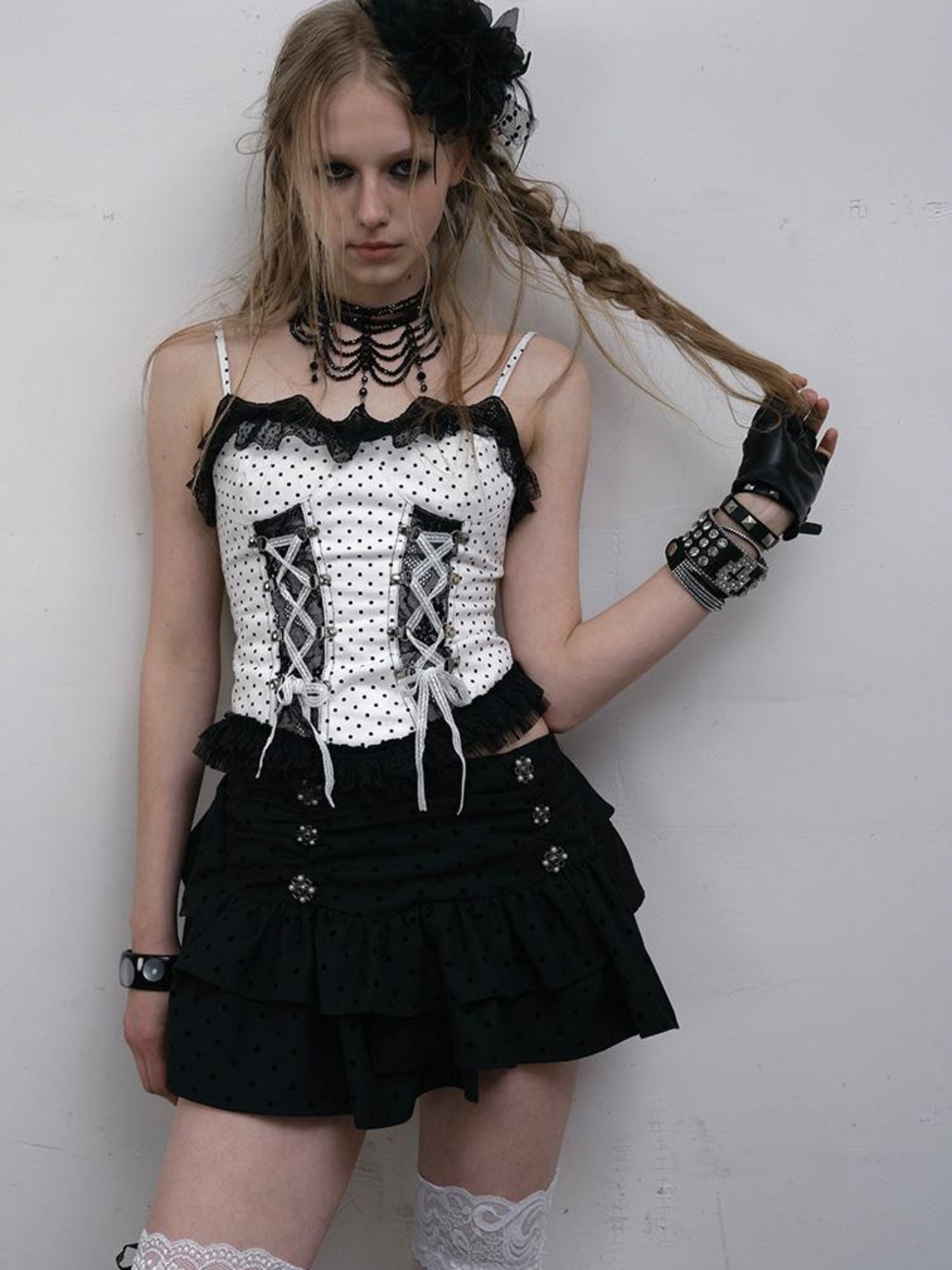 NO ROMANCE Dark Punk Lace Dot Corset Bustier Gothic Off Shoulder Top