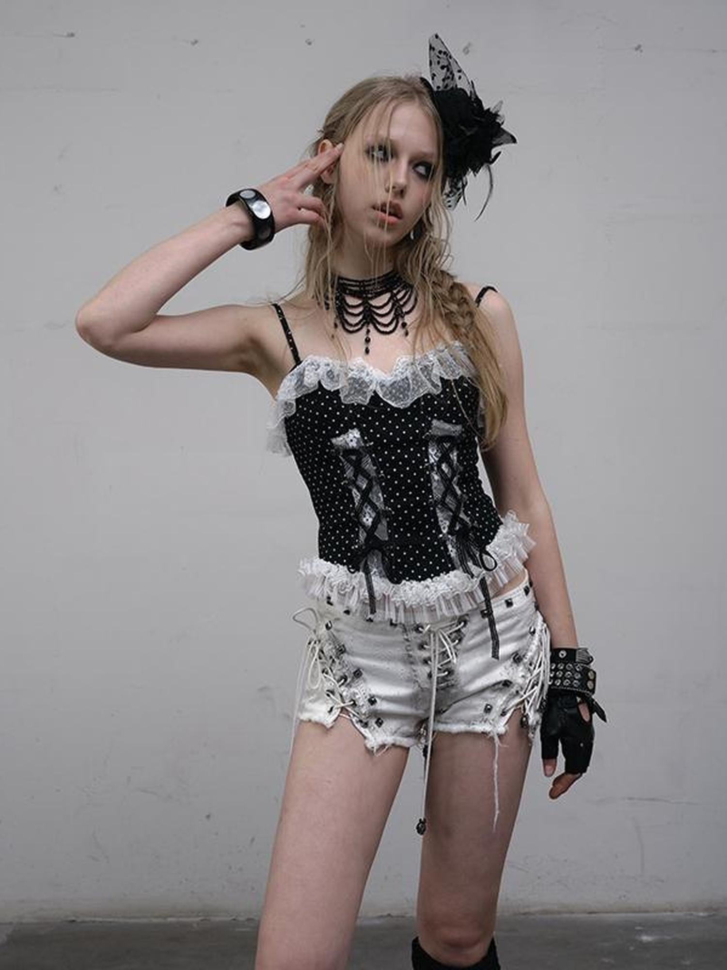 NO ROMANCE Dark Punk Lace Dot Corset Bustier Gothic Off Shoulder Top