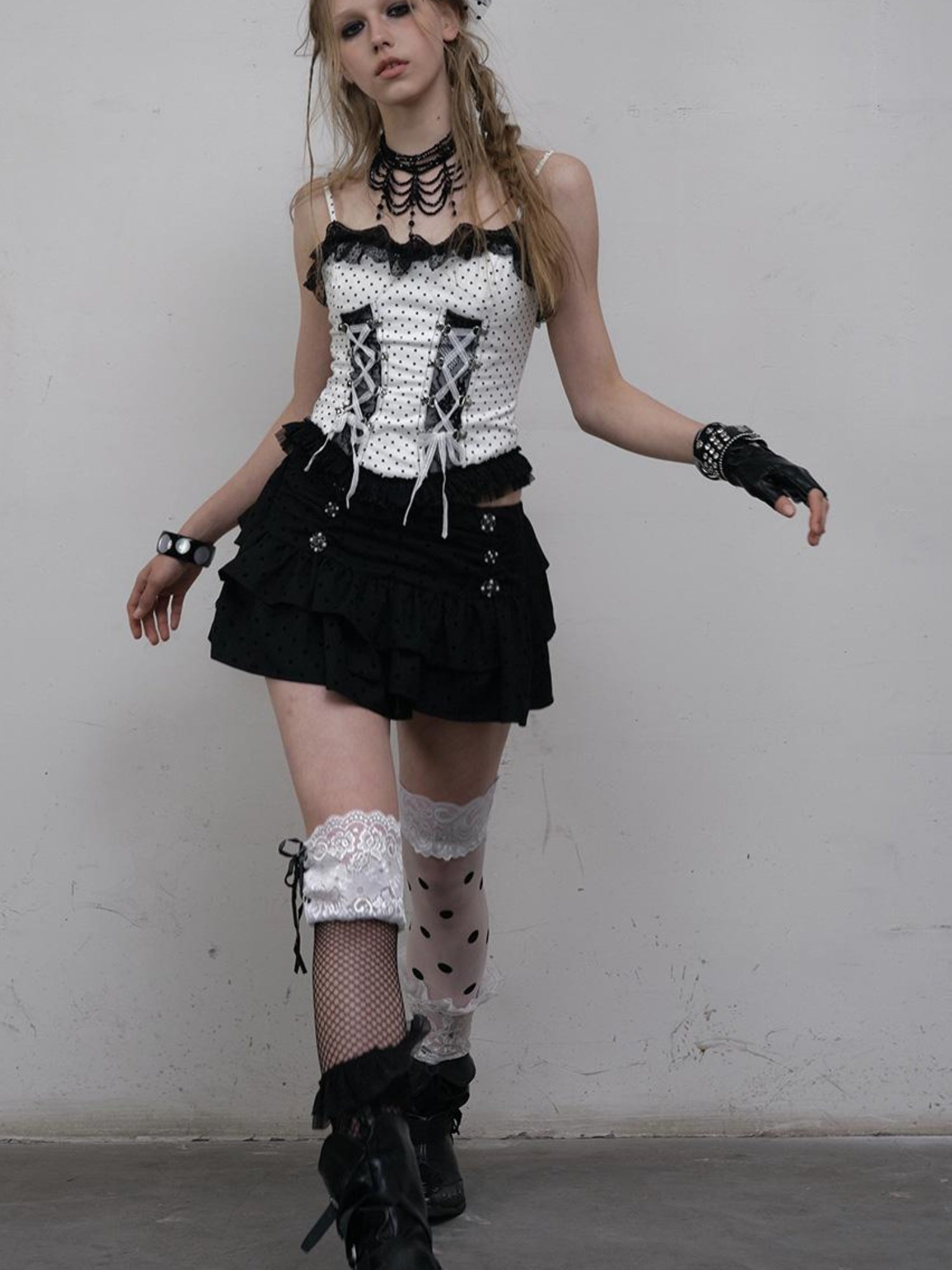 NO ROMANCE Dark Punk Lace Dot Corset Bustier Gothic Off Shoulder Top