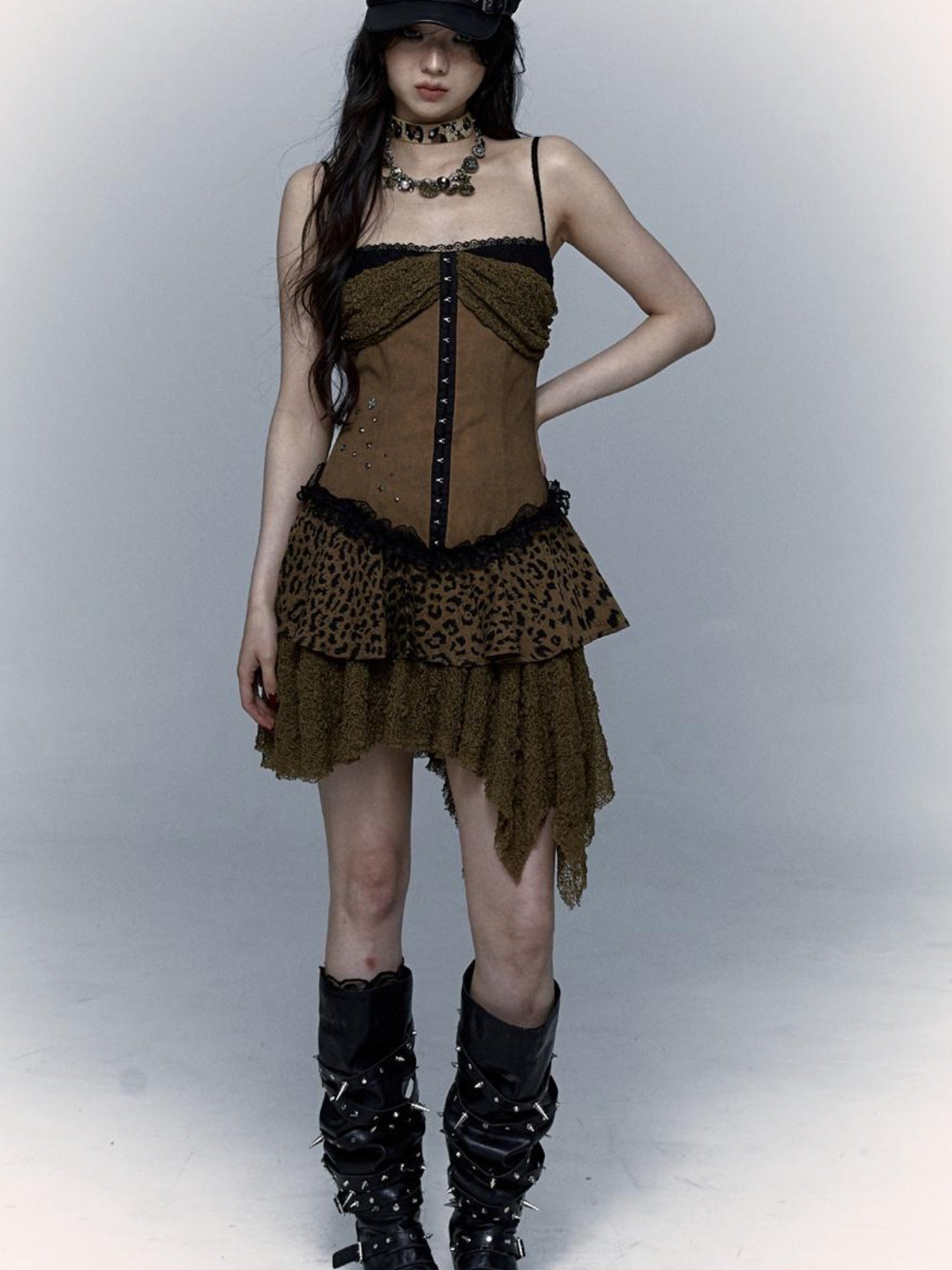 NO ROMANCE Dark Punk Patchwork Lace Asymetric Leopard Print Bodycon Dress