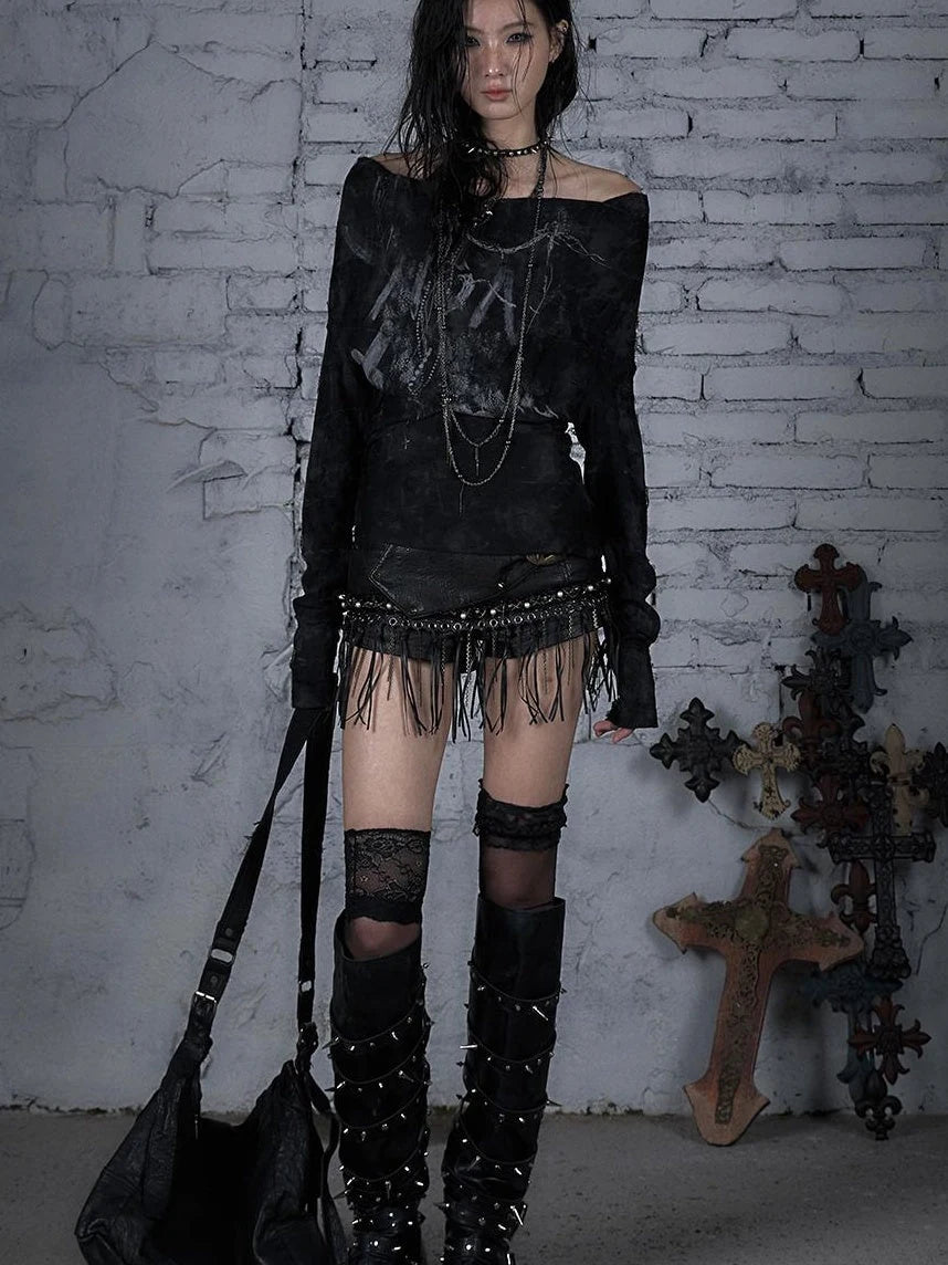 Dark Punk Print Off-Shoulder Long Sleeve Reversible T-Shirt