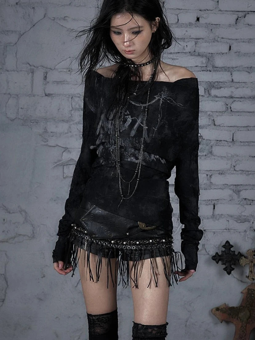 Dark Punk Print Off-Shoulder Long Sleeve Reversible T-Shirt