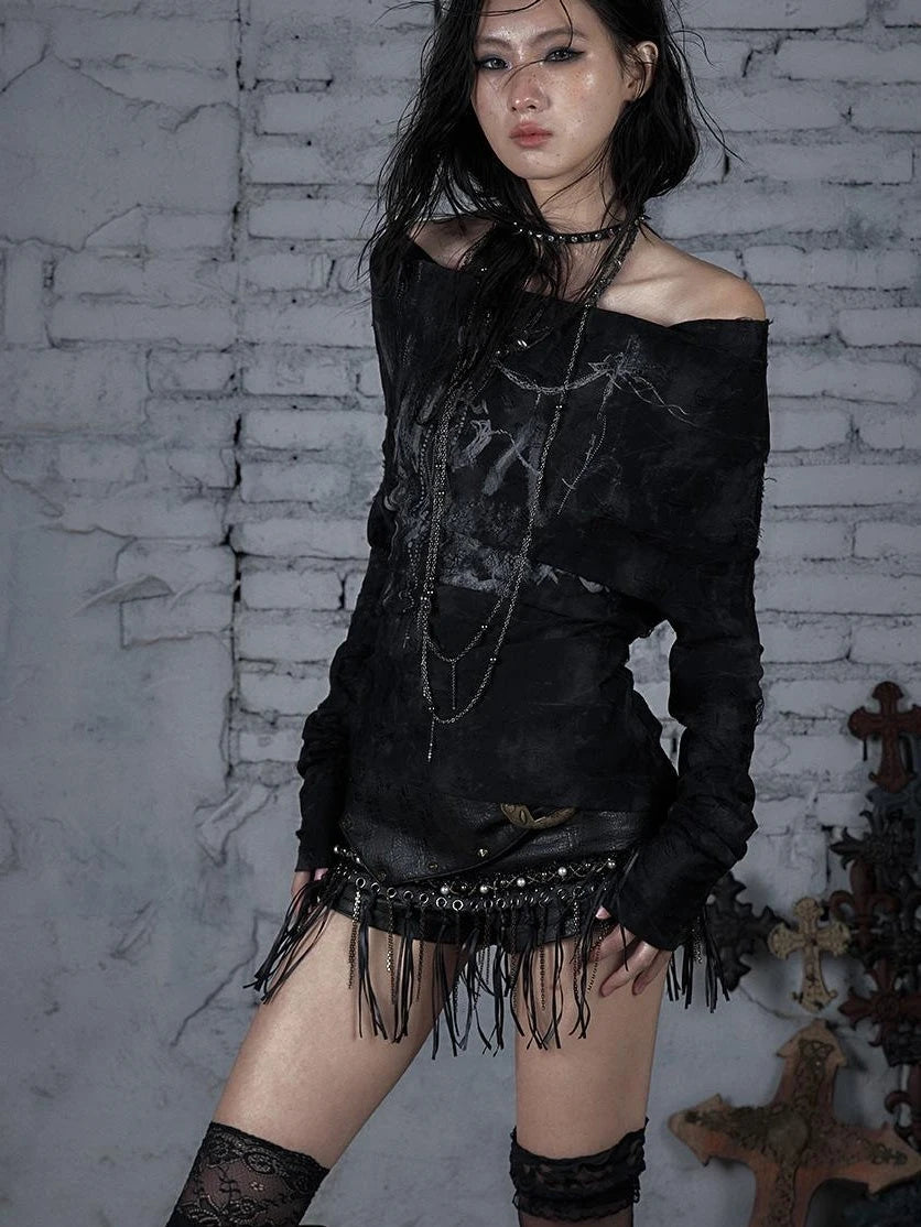 Dark Punk Print Off-Shoulder Long Sleeve Reversible T-Shirt