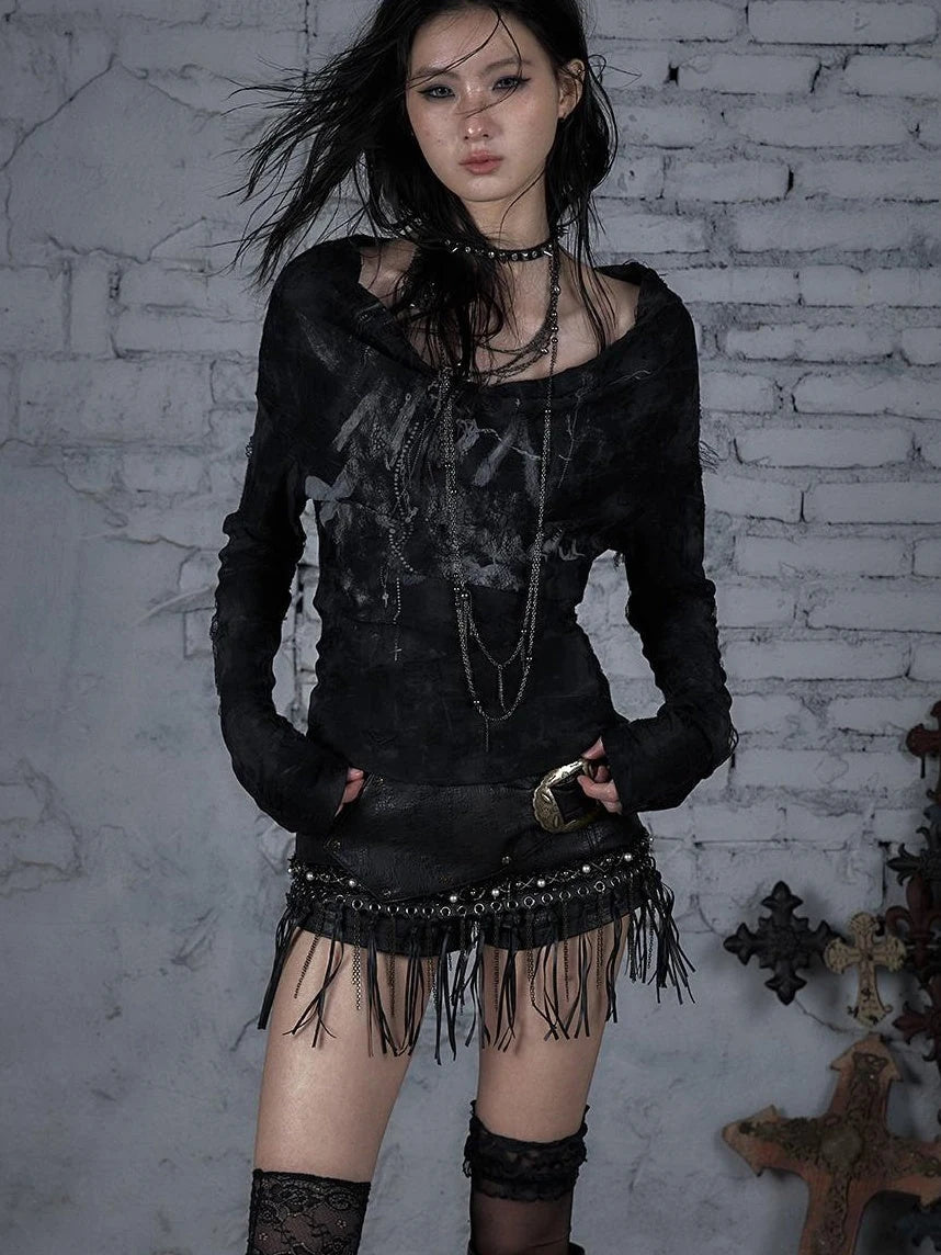 Dark Punk Print Off-Shoulder Long Sleeve Reversible T-Shirt