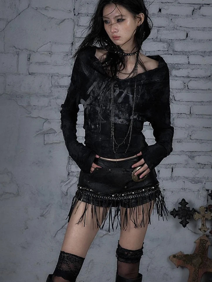 Dark Punk Print Off-Shoulder Long Sleeve Reversible T-Shirt