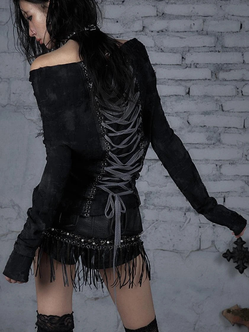 Dark Punk Print Off-Shoulder Long Sleeve Reversible T-Shirt