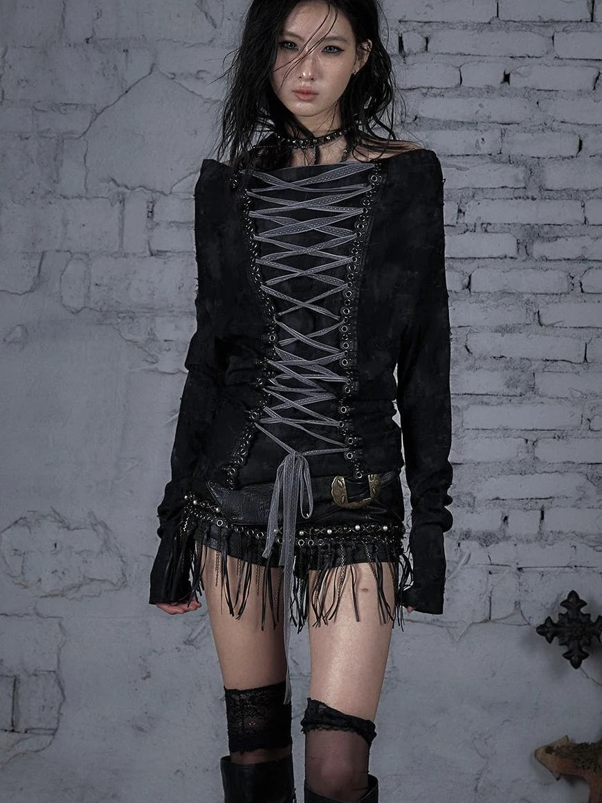 Dark Punk Print Off-Shoulder Long Sleeve Reversible T-Shirt