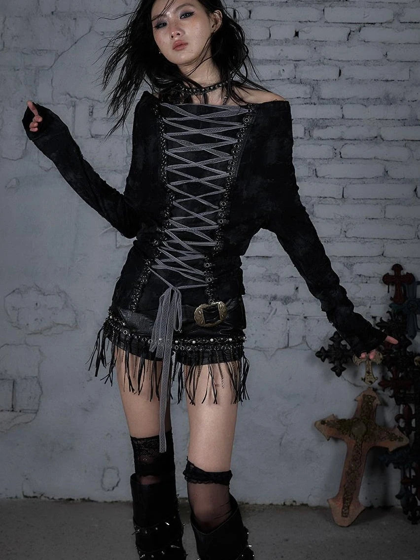 Dark Punk Print Off-Shoulder Long Sleeve Reversible T-Shirt
