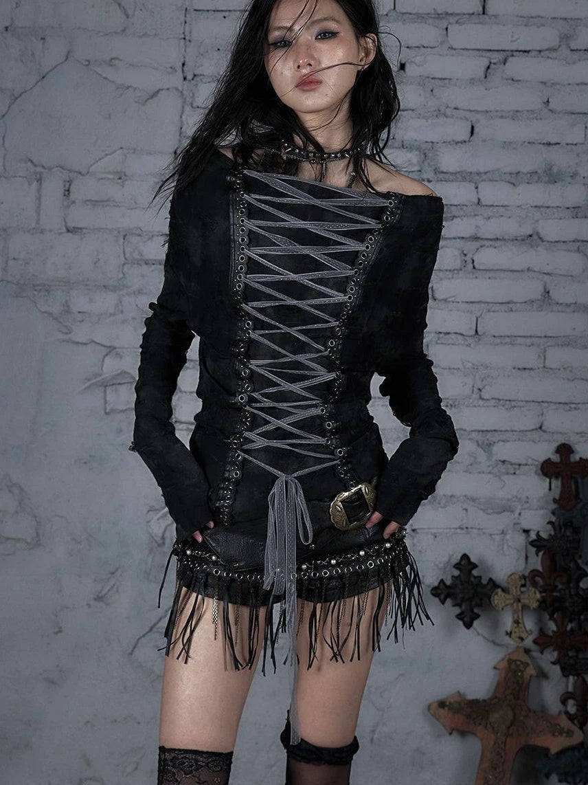 Dark Punk Print Off-Shoulder Long Sleeve Reversible T-Shirt