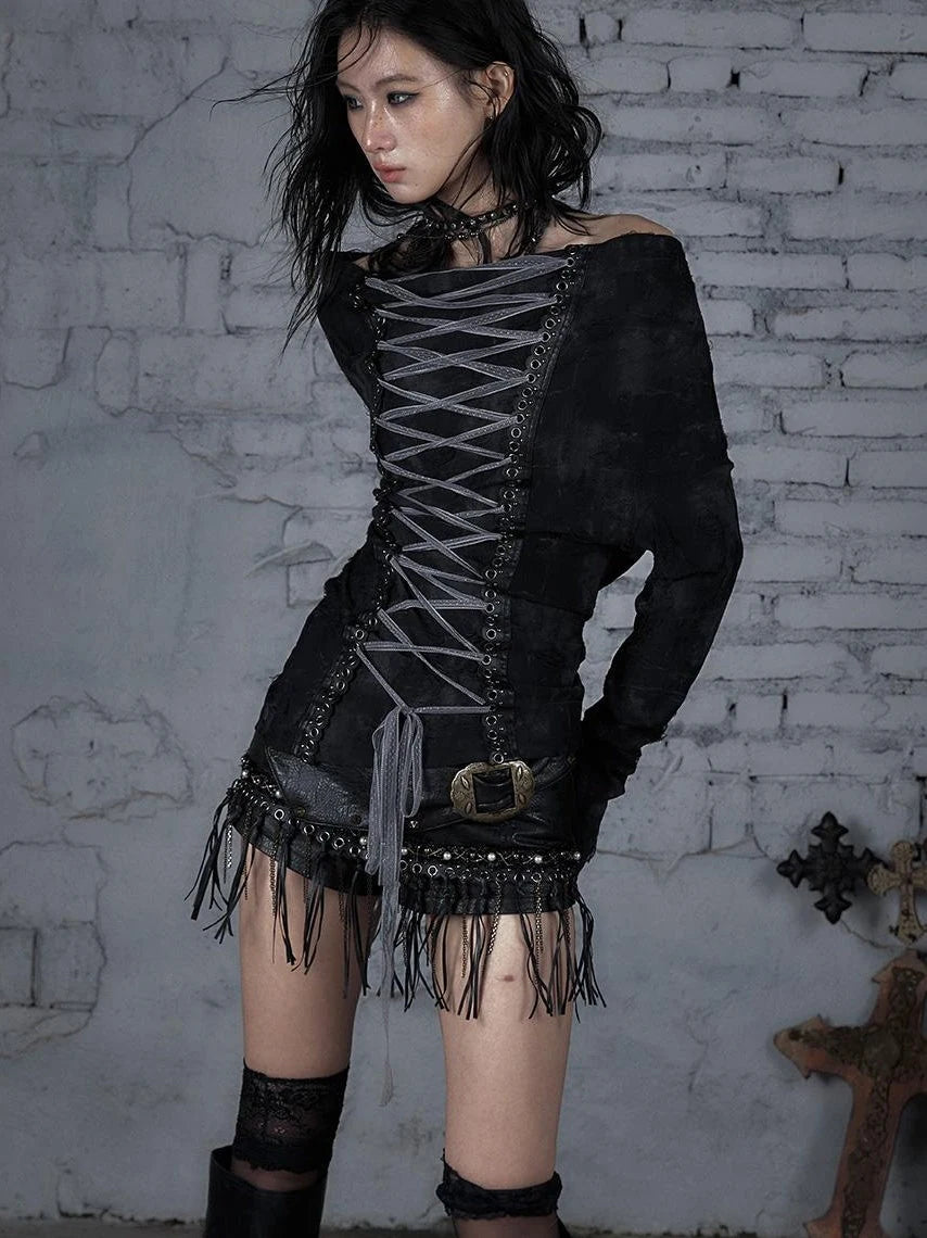 Dark Punk Print Off-Shoulder Long Sleeve Reversible T-Shirt