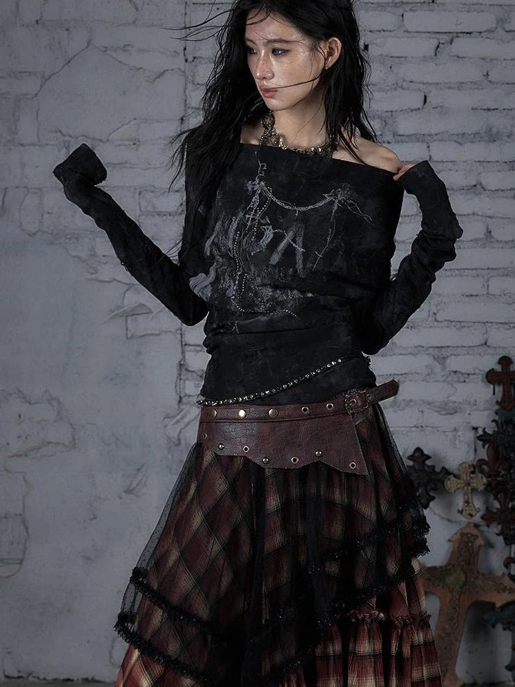 Dark Punk Print Off-Shoulder Long Sleeve Reversible T-Shirt