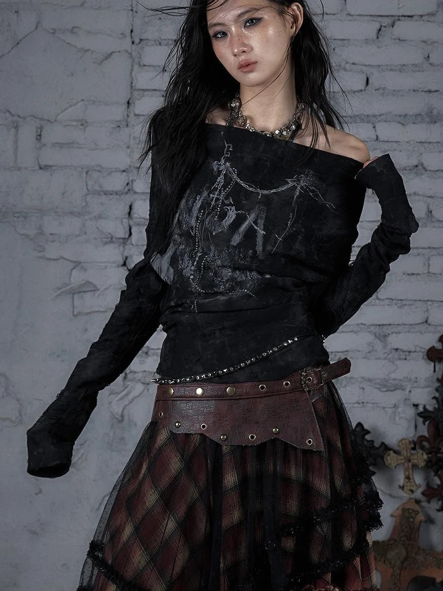 Dark Punk Print Off-Shoulder Long Sleeve Reversible T-Shirt