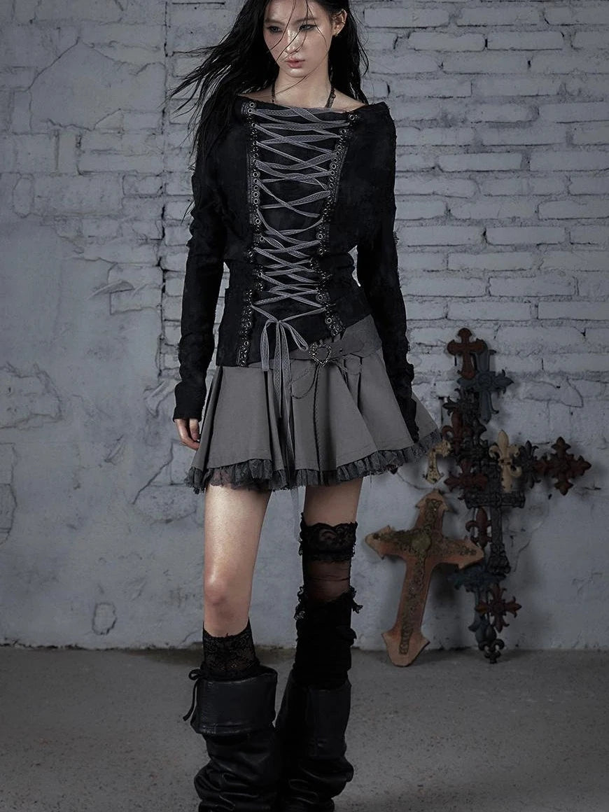 Dark Punk Print Off-Shoulder Long Sleeve Reversible T-Shirt
