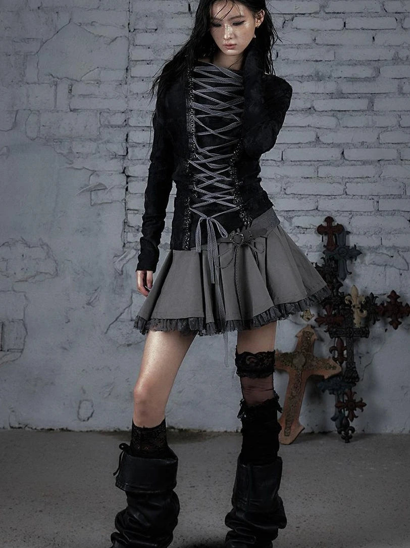 Dark Punk Print Off-Shoulder Long Sleeve Reversible T-Shirt