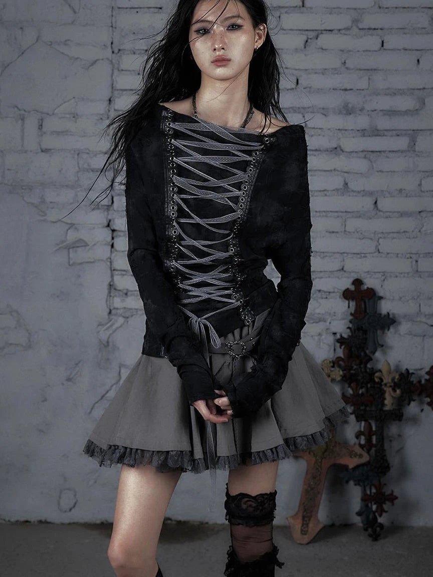 Dark Punk Print Off-Shoulder Long Sleeve Reversible T-Shirt