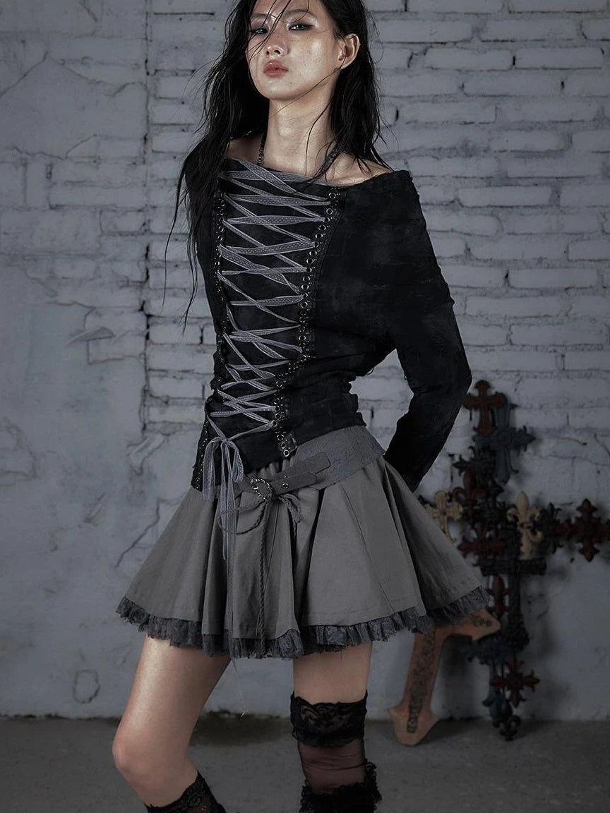 Dark Punk Print Off-Shoulder Long Sleeve Reversible T-Shirt