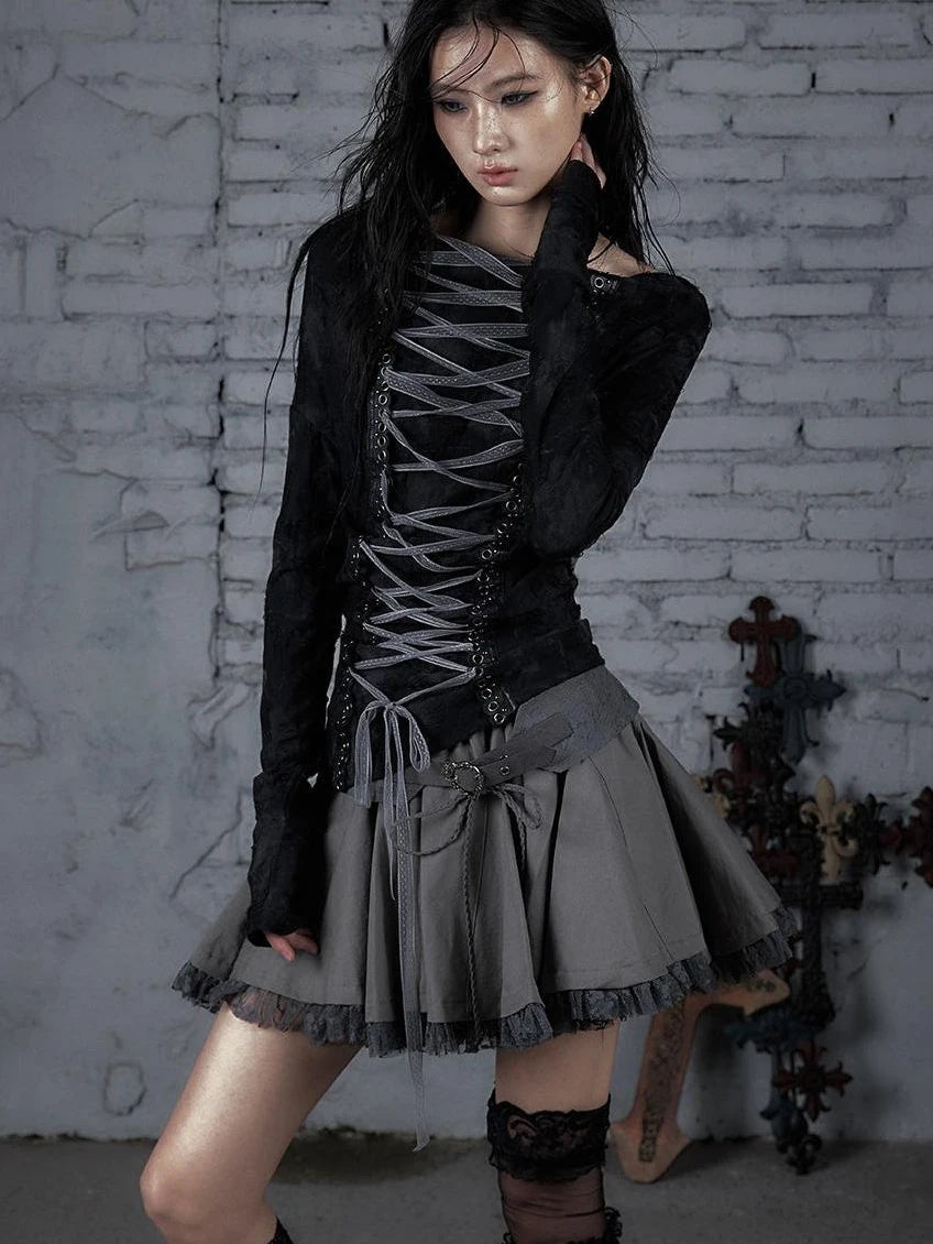 Dark Punk Print Off-Shoulder Long Sleeve Reversible T-Shirt