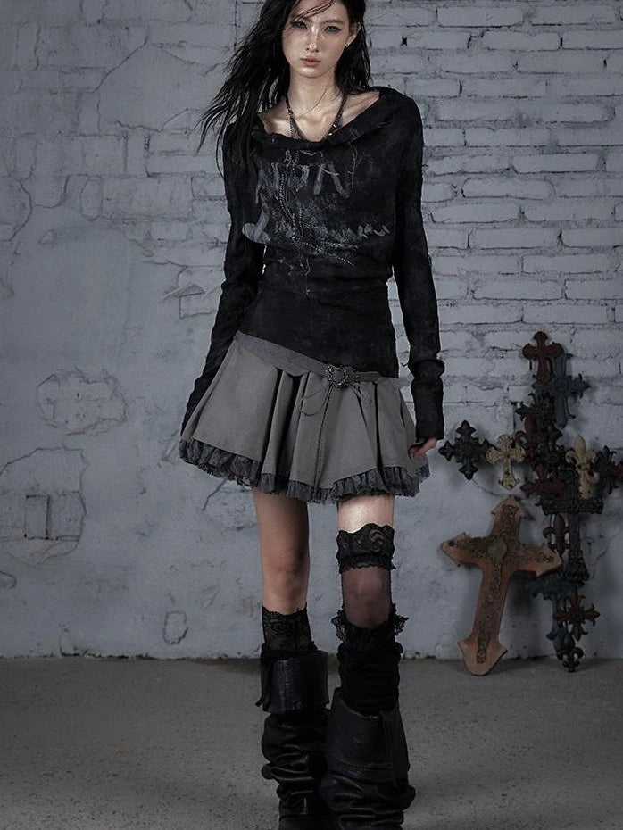 Dark Punk Print Off-Shoulder Long Sleeve Reversible T-Shirt