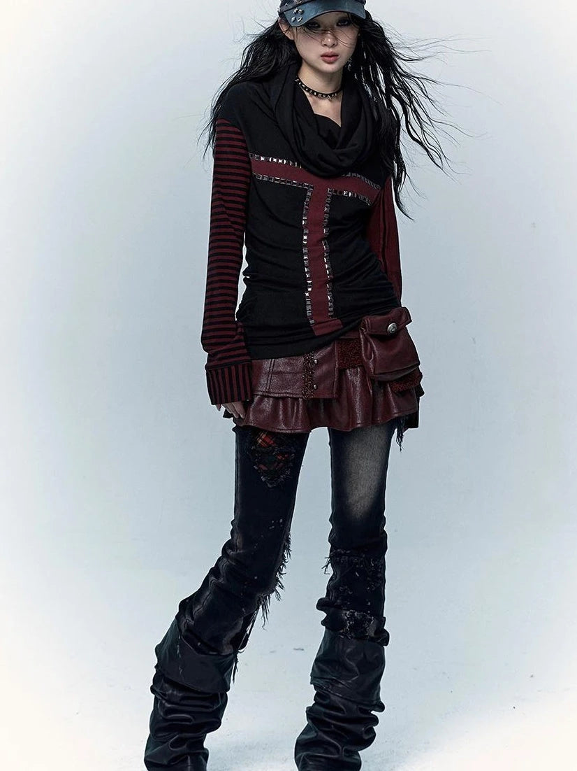 Dark Punk Wasteland Slouchy Hooded Striped Long Sleeve T-Shirt