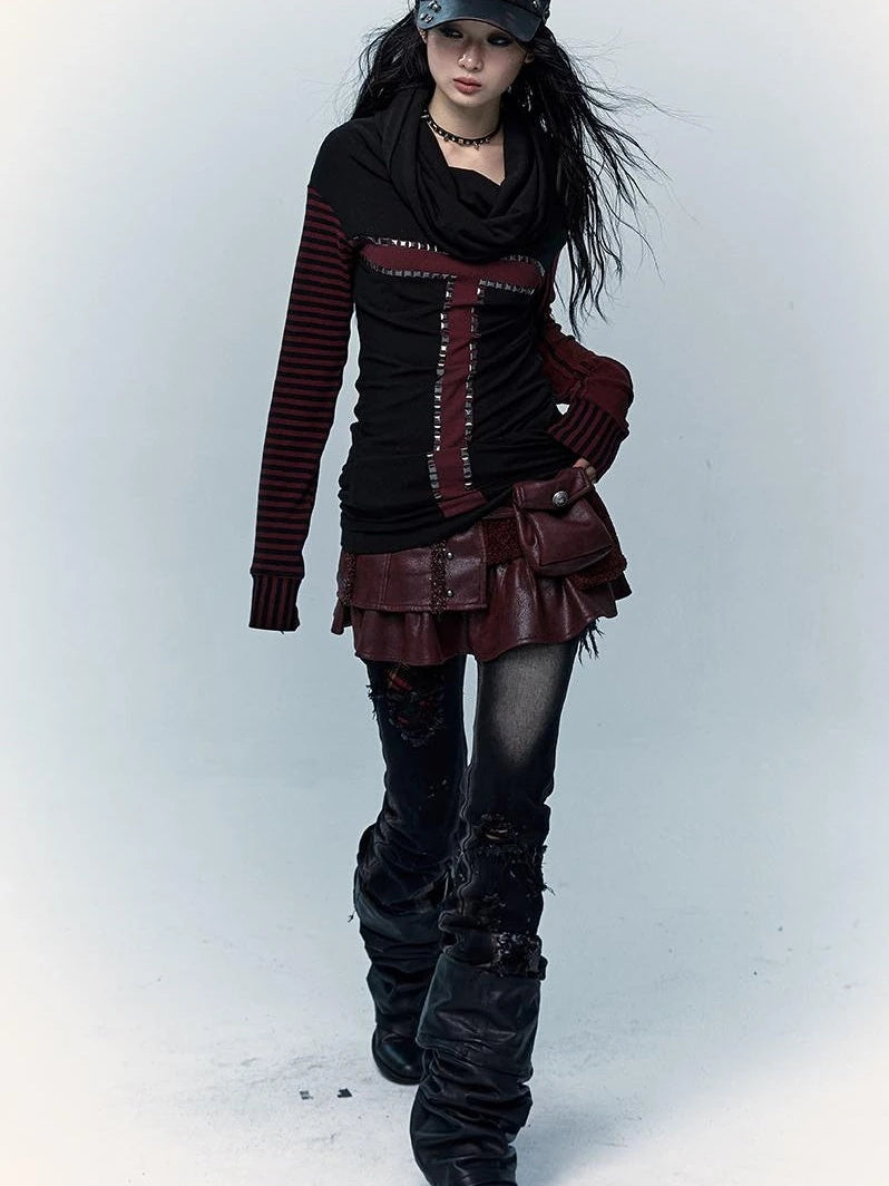 Dark Punk Wasteland Slouchy Hooded Striped Long Sleeve T-Shirt