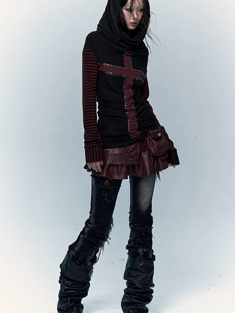Dark Punk Wasteland Slouchy Hooded Striped Long Sleeve T-Shirt