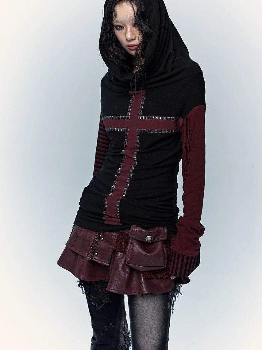 Dark Punk Wasteland Slouchy Hooded Striped Long Sleeve T-Shirt