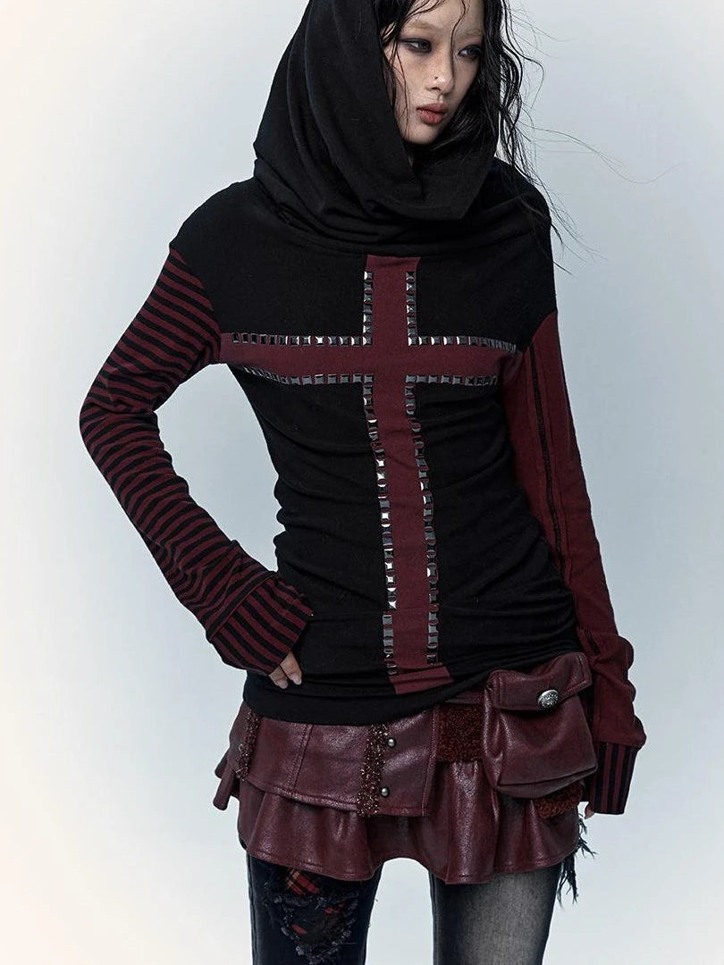 Dark Punk Wasteland Slouchy Hooded Striped Long Sleeve T-Shirt