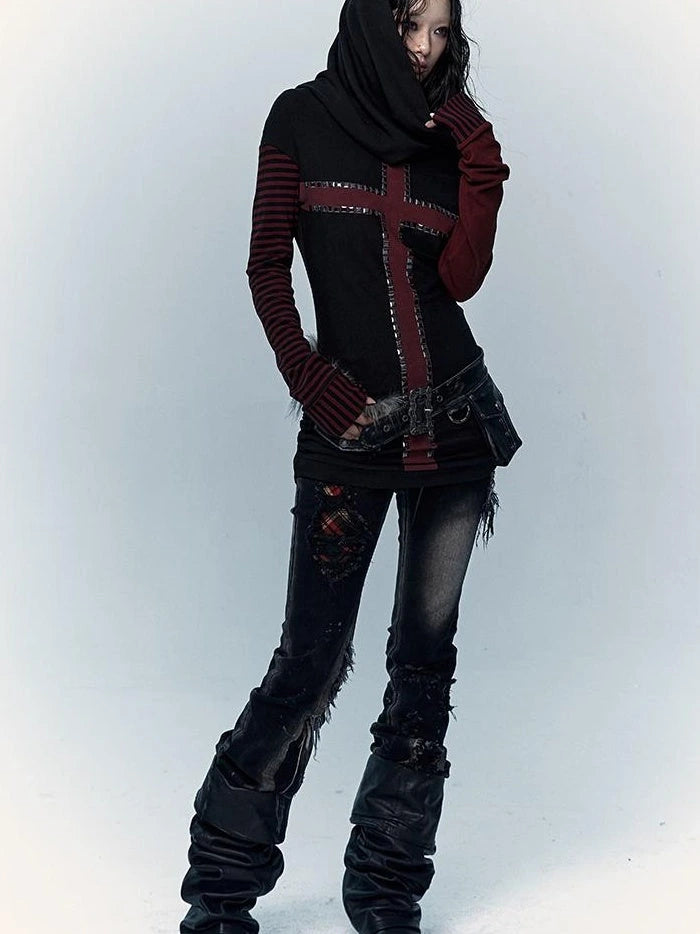 Dark Punk Wasteland Slouchy Hooded Striped Long Sleeve T-Shirt