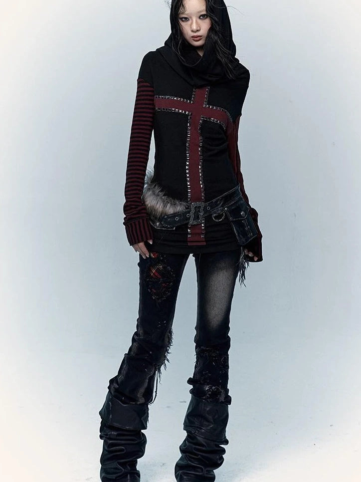 Dark Punk Wasteland Slouchy Hooded Striped Long Sleeve T-Shirt