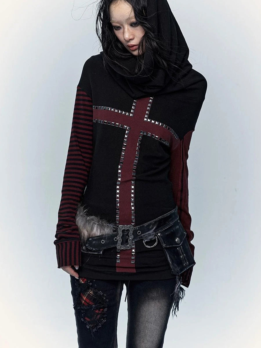 Dark Punk Wasteland Slouchy Hooded Striped Long Sleeve T-Shirt
