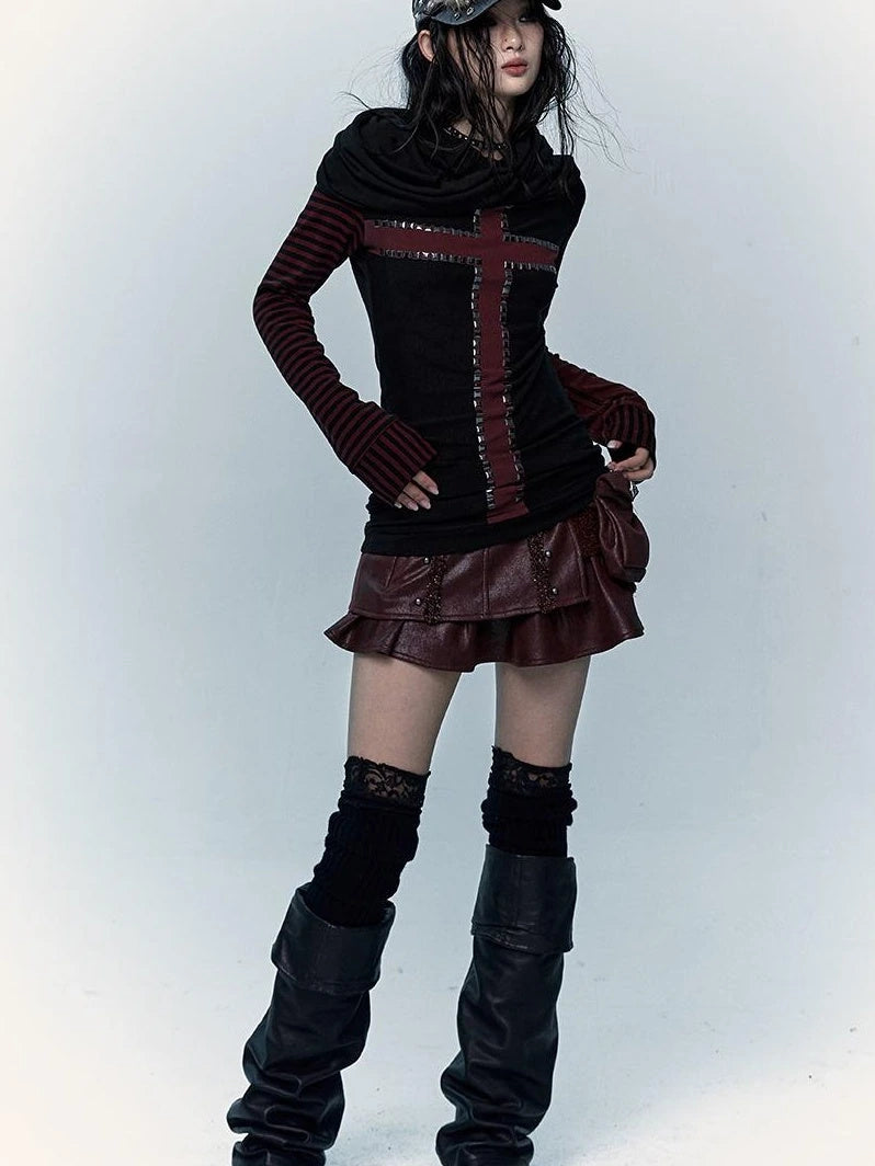 Dark Punk Wasteland Slouchy Hooded Striped Long Sleeve T-Shirt