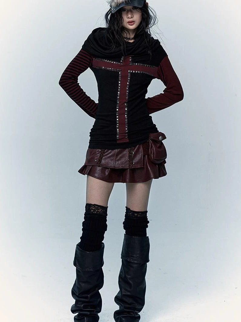 Dark Punk Wasteland Slouchy Hooded Striped Long Sleeve T-Shirt