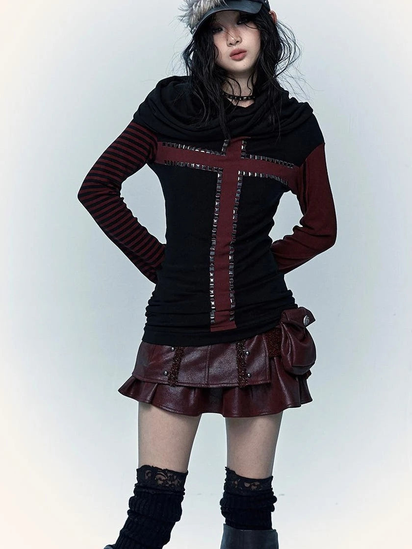 Dark Punk Wasteland Slouchy Hooded Striped Long Sleeve T-Shirt