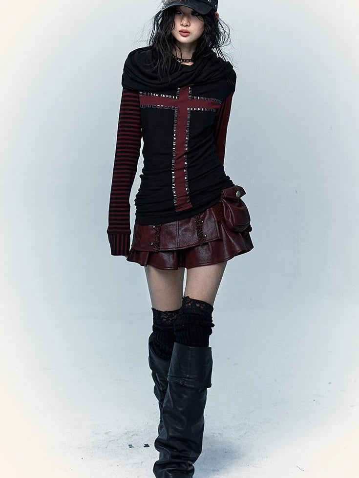 Dark Punk Wasteland Slouchy Hooded Striped Long Sleeve T-Shirt