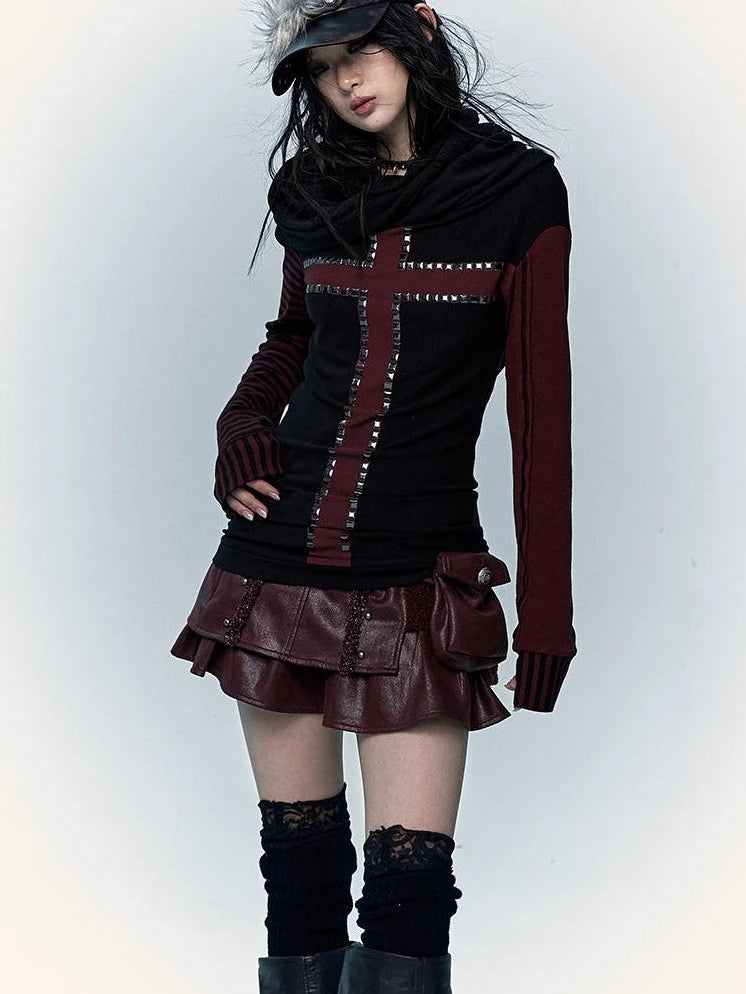 Dark Punk Wasteland Slouchy Hooded Striped Long Sleeve T-Shirt