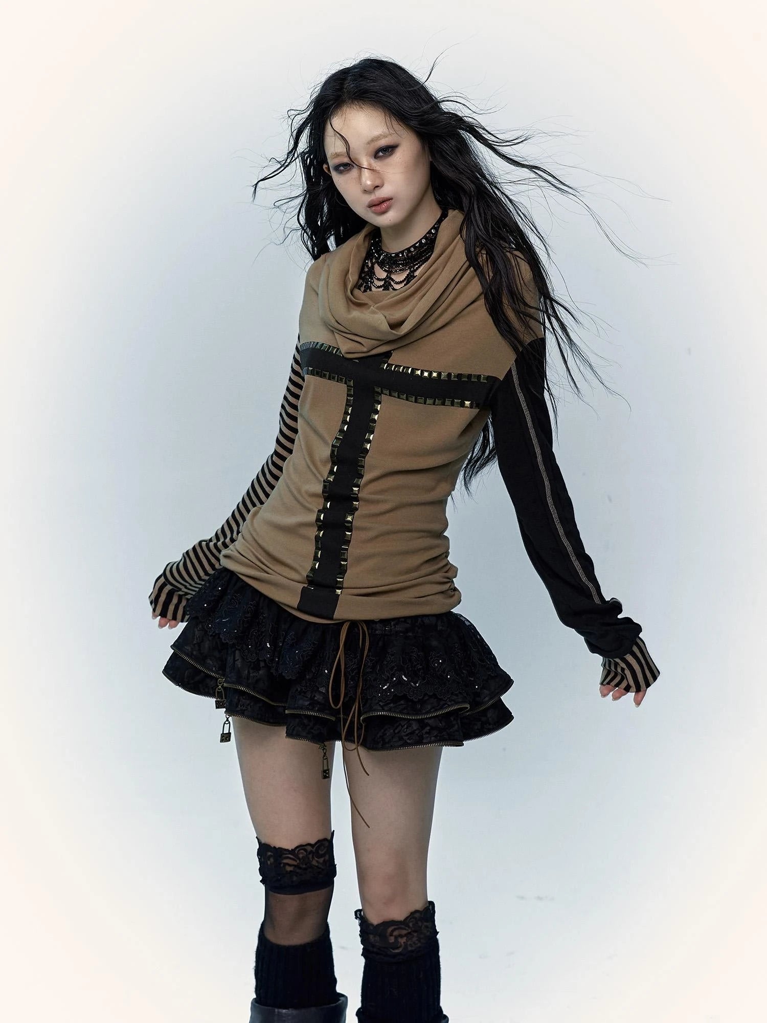 Dark Punk Wasteland Slouchy Hooded Striped Long Sleeve T-Shirt