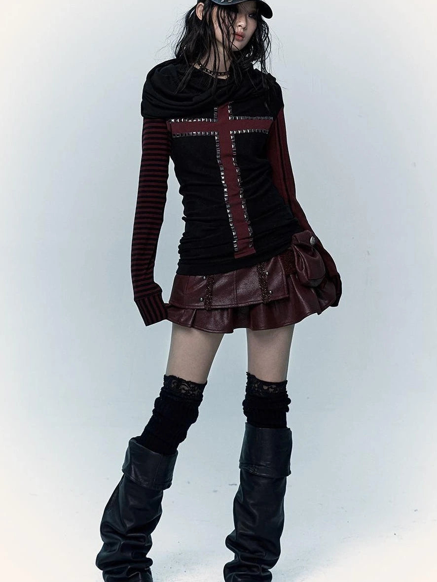 Dark Punk Wasteland Slouchy Hooded Striped Long Sleeve T-Shirt