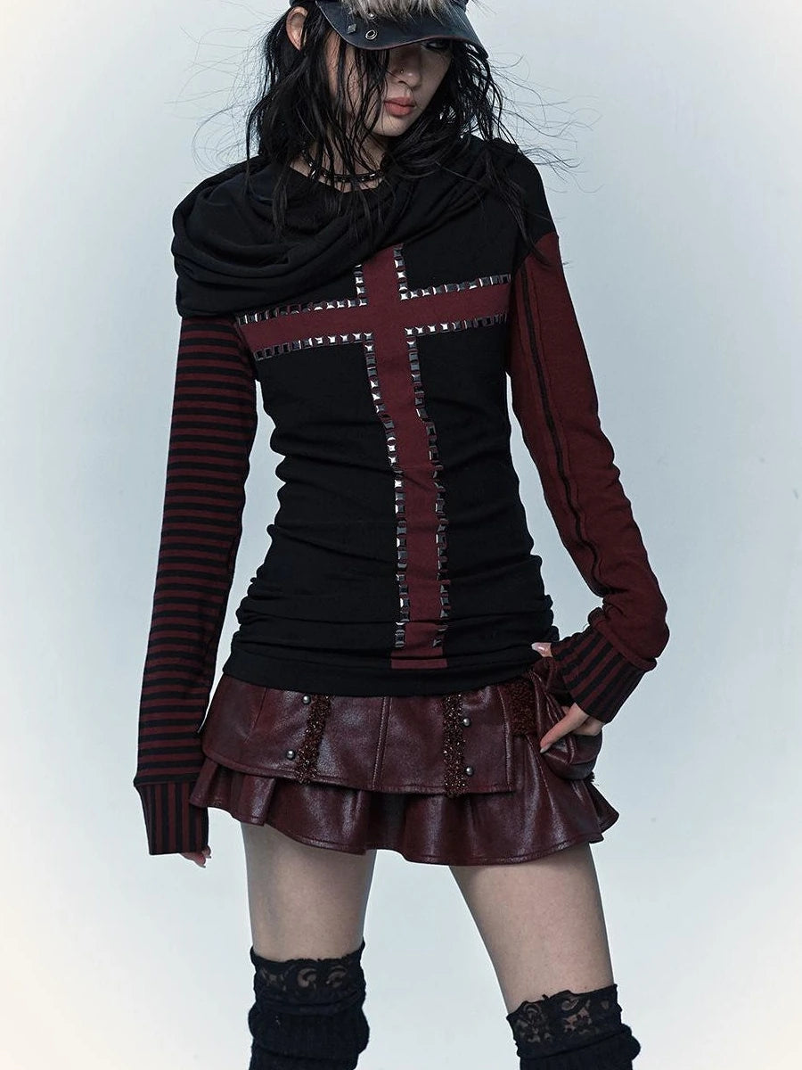 Dark Punk Wasteland Slouchy Hooded Striped Long Sleeve T-Shirt